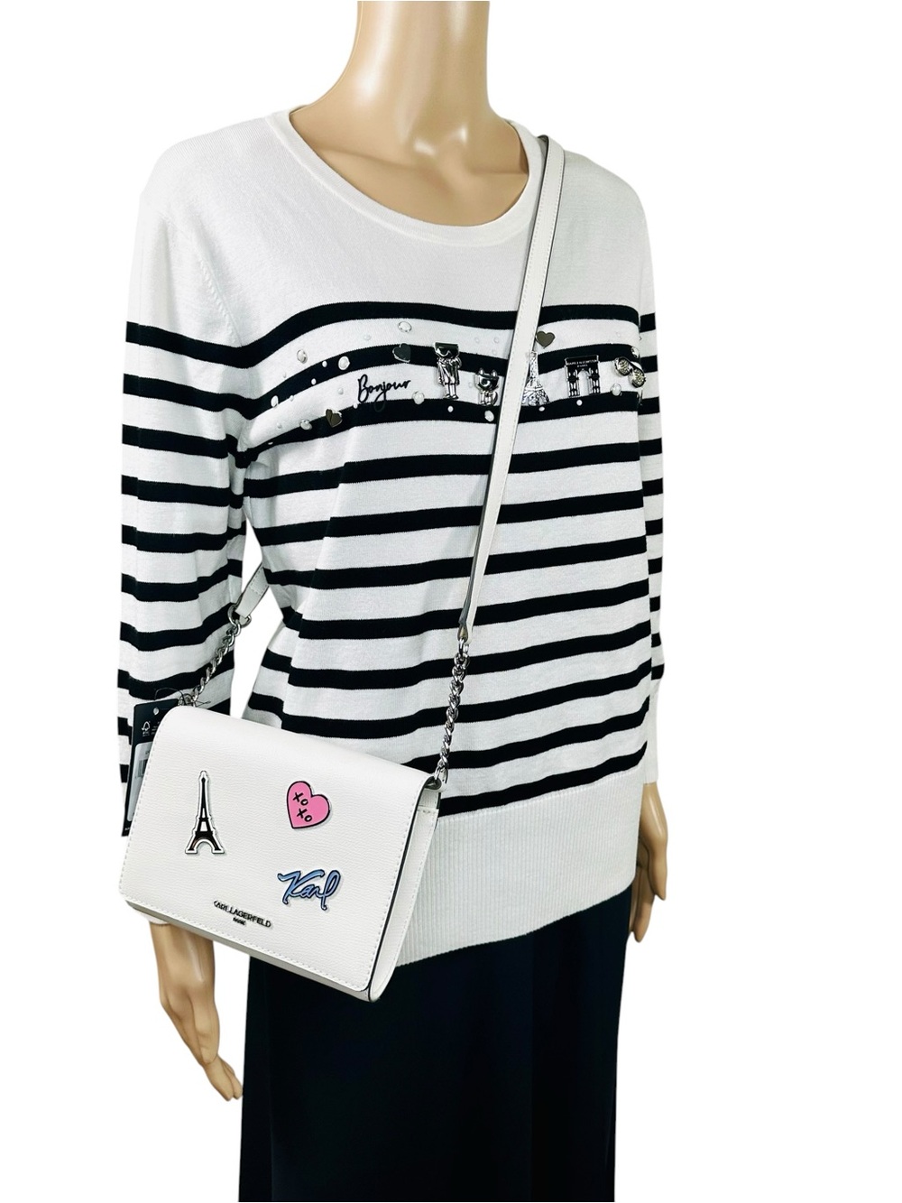Karl Lagerfeld Parisian themed knit top Sz M and handbag 8" x 6" Combo Deal OUI!